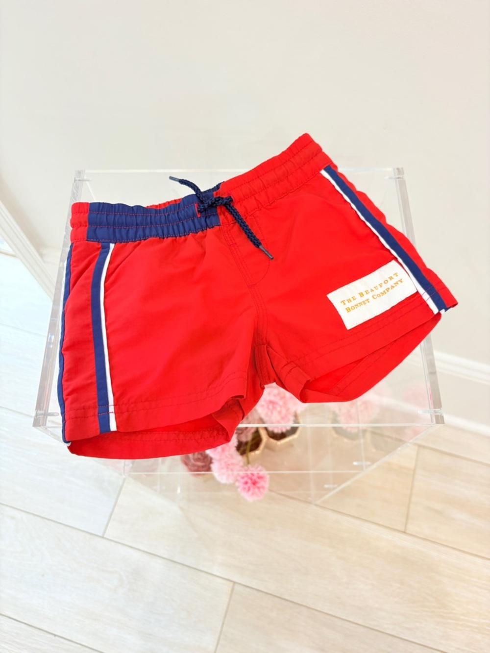 The Beaufort Bonnet Company Red Kids Swim Shorts with Navy Trim